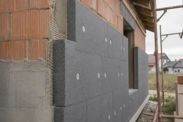 Izolacja ścian zewnętrznych z grafitowego styropianu, który charakteryzuje się niskim współczynnikiem izolacji cieplnej lambda.