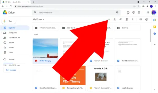 Red arrow points to the link icon in Google Drive, showing how to upload a link.