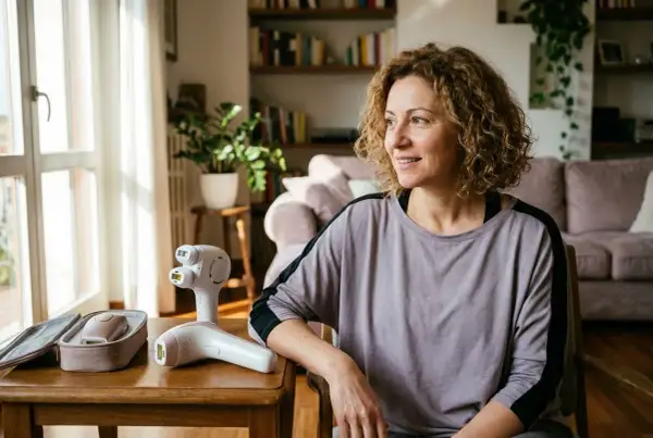 Donna sorridente con epilatori laser. Chissà quanto tempo ci vuole per rasare una stanza con questi dispositivi.