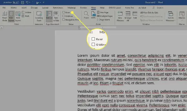 Widok okna programu Word z zaznaczoną opcją "Linijka" w menu "Widok".