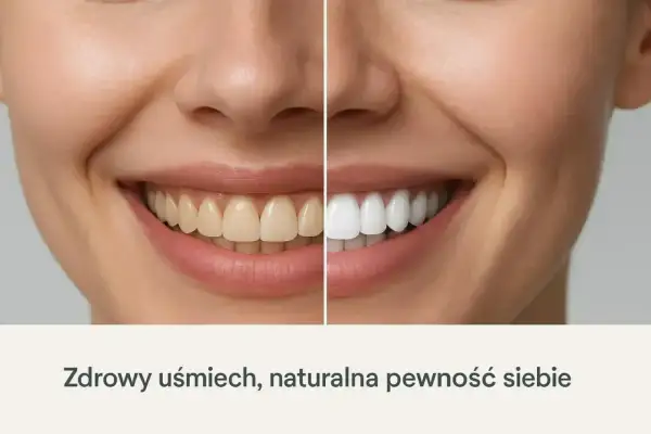 Porównanie wybielania nakładkowego: zęby przed i po zabiegu. Uśmiech pełen blasku i pewności siebie.