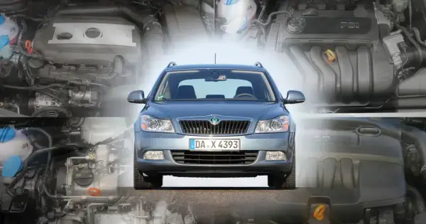 Szara Skoda Octavia 2 na tle silników.