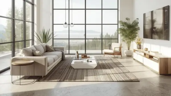 Salón moderno con grandes ventanales. El suelo de microcemento, con sus ventajas y desventajas, complementa el mobiliario minimalista y las vistas al exterior.