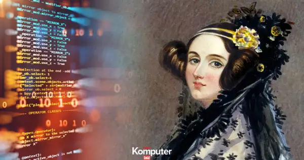 Ada Lovelace, pierwsza programistka, w otoczeniu kodu komputerowego.