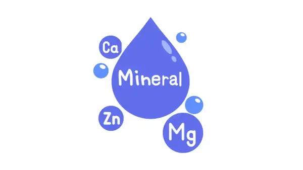 Goutte d'eau "Mineral" entourée de bulles "Ca", "Zn", "Mg". Illustration simple pour le classement eau résidu à sec.