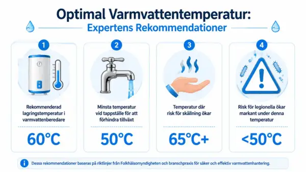 Grafik visar optimala temperaturer för varmvattenberedare. En blandningsventil kan hjälpa till att uppnå rätt temperatur.