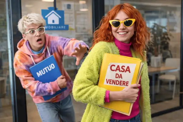 Ragazza sorridente con cartella "CASA DA VENDERE" e ragazzo spaventato con cartella "MUTUO" fuori da un'agenzia immobiliare.