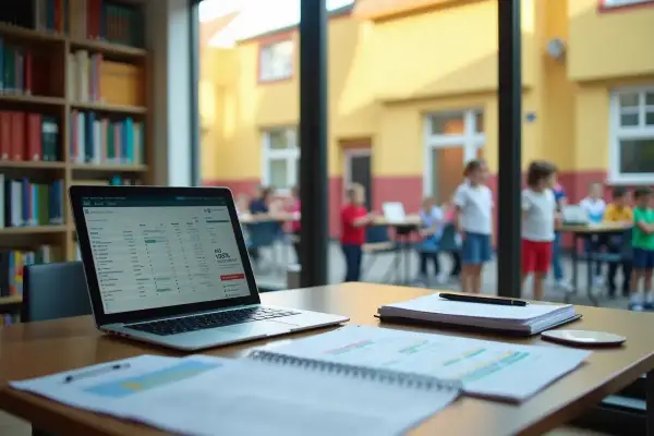 Laptop z danymi finansowymi na biurku, w tle plac zabaw z dziećmi. Zastanawiasz się, ile zarabia pomoc nauczyciela w przedszkolu?
