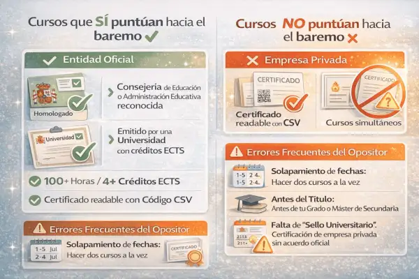 Cursos homologados por entidades oficiales puntúan para el baremo. Los de empresa privada no. Evita solapamientos y asegúrate de que el sello sea universitario.