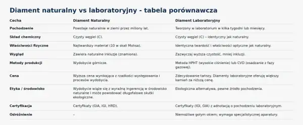 Tabela porównuje diamenty naturalne i laboratoryjne, pomagając jak rozpoznać diament. Różnice dotyczą pochodzenia, ceny, wyglądu i metod produkcji.