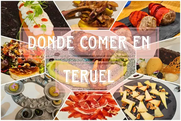 Collage de platos exquisitos, ideal para descubrir los mejores restaurantes Teruel. Jamón, cordero, postres y más.