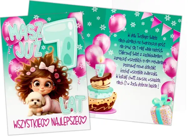 Urocze życzenia urodzinowe dla siedmiolatka: dziewczynka z pieskiem, tort z cyfrą 7, balony i wesoły napis "Masz już 7 lat!".