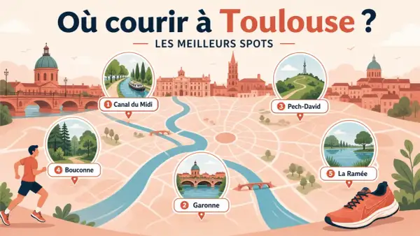 Carte des meilleurs spots pour courir à Toulouse : Canal du Midi, Garonne, Pech-David, Bouconne, La Ramée.
