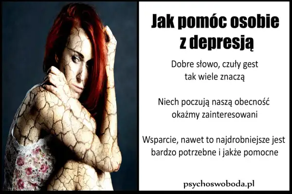 Kobieta z pękniętą skórą symbolizuje cierpienie. Obok tekst: "Jak pomóc osobie z depresją". Wsparcie w związku jest kluczowe.