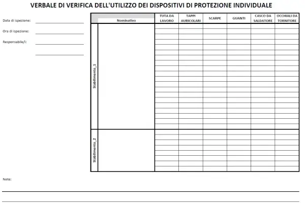 Modulo consegna DPI: verbale di verifica utilizzo dispositivi protezione individuale, con campi per data, ora, responsabile, stabilimento e tipologia DPI.