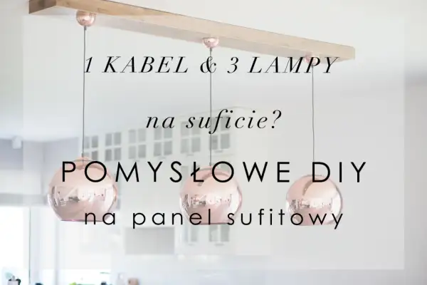 Elegancki żyrandol 3 żarówki z miedzianymi kloszami, zawieszony na drewnianej belce. Pomysł na oświetlenie DIY.