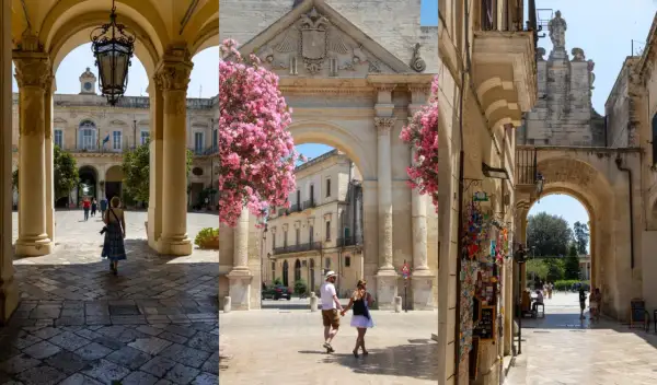 En vacker triptyk av Lecce, Italien. En kvinna går genom en arkad, ett par håller hand under en valv med rosa blommor, och en smal gränd med souvenirer.