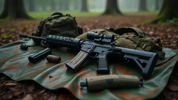 Rifle táctico con mira, cargador y accesorios, listo para operaciones de delta tactics en el bosque.
