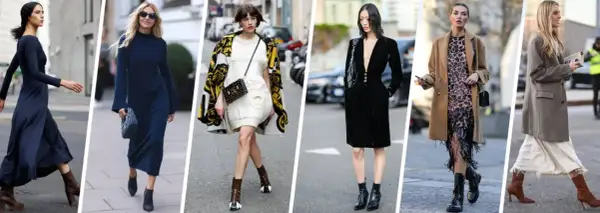 Moda di strada con donne che indossano abiti eleganti e **tronchetti bassi** di vari stili e colori.
