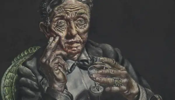 A haunting portrait by Ivan Albright of an aged man with deeply lined skin, holding a glass and resting his chin on his hand.