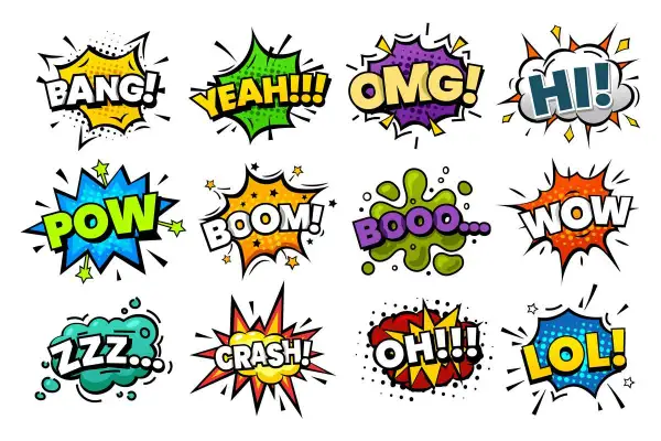 Kolorowe dymki z napisami onomatopeicznymi: BANG!, YEAH!, OMG!, HI!, POW!, BOOM!, BOOO..., WOW!, ZZZ..., CRASH!, OH!!!, LOL!