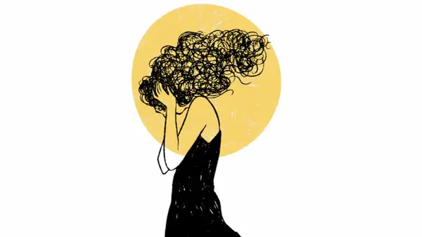 Una figura stilizzata con capelli aggrovigliati, che copre il viso, immersa nelle **fasi di chi lascia**.