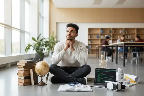 Młody mężczyzna zamyślony nad materiałami do studiów podyplomowych. Obok niego stos książek, globus, laptop i model szkieletu.