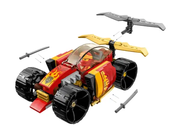 Czerwono-złoty pojazd z kółkami i minifigurką ninja. Zestaw lego 71780 zawiera miecze i element przypominający skrzydła.