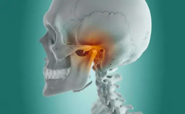 Dettaglio anatomico del cranio e delle vertebre cervicali, con enfasi sull'articolazione temporo-mandibolare (ATM) evidenziata in arancione, suggerendo i sintomi di un disturbo.