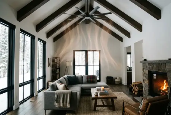 Salon cosy avec cheminée en pierre, canapé gris, grandes fenêtres donnant sur la neige. Le **chauffage au plafond** discret assure une chaleur douce.