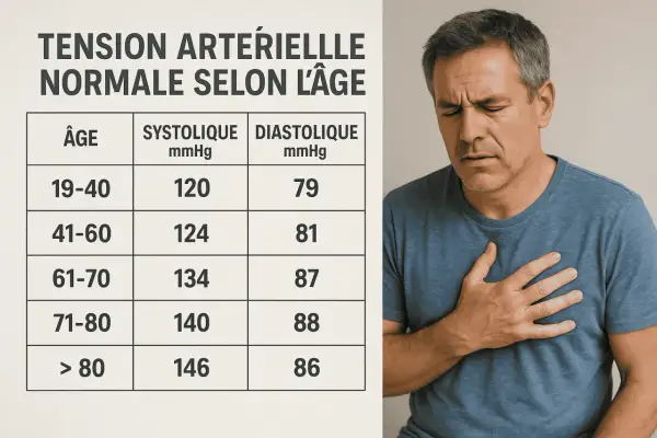Tableau de tension artérielle normale par âge. Un homme se tient la poitrine, l'air inquiet. La tension systolique pour 71-80 ans est de 140, la diastolique de 88.