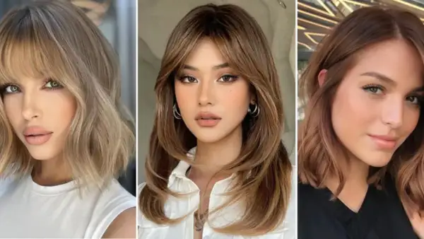 Tres estilos de cortes de pelo para cara ovalada: bob con flequillo, melena escalada y lob ondulado.