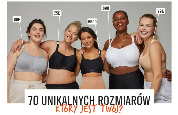 Pięć kobiet w różnych rozmiarach biustonoszy: 80F, 75E, 60DD, 80H, 70E. Jaki to rozmiar?