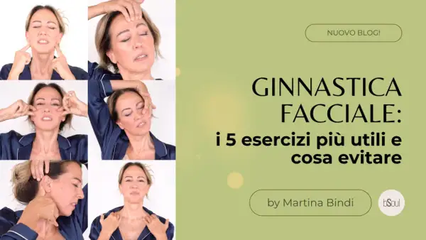 Collage of a woman performing facial exercises, with text overlay "Ginnastica Facciale".
