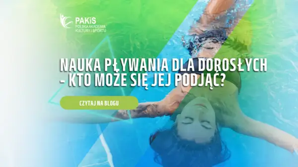 Kobieta pływa na plecach w basenie, z napisem "Nauka pływania dla dorosłych".
