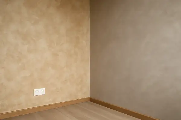 Coin de mur avec une peinture effet taloche beige clair et une autre murale gris taupe. Plinthe en bois et prise électrique blanche.