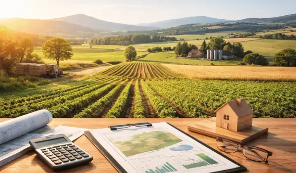 Pianificazione per un mutuo per terreno edificabile: calcolatrice, progetti e modello di casa su un tavolo con vista su un paesaggio agricolo al tramonto.