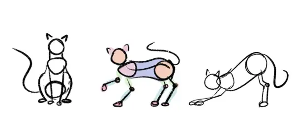 Bocetos de gatitos en diferentes poses. Uno sentado, otro a cuatro patas con colores pastel, y uno estirándose.