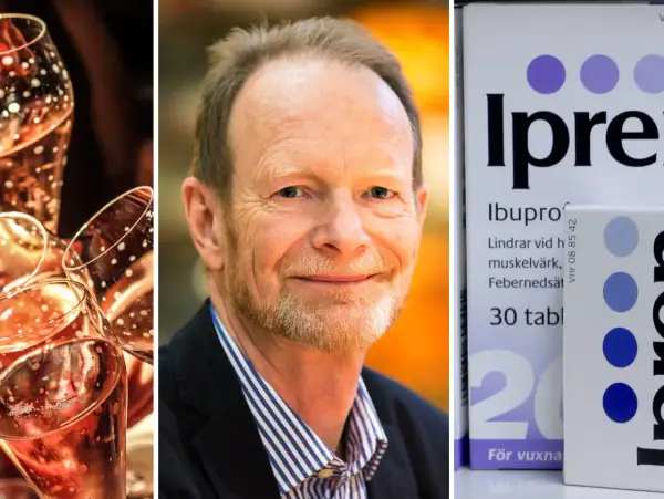 Glas med bubblor, en man och en medicinförpackning. Varning för paroxetin alkohol.