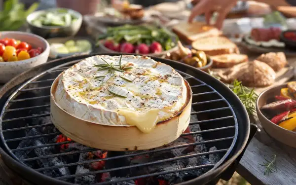 Un camembert au barbecue, fondant et parfumé, est le cœur d'un repas en plein air. Des légumes et du pain complètent ce délice.