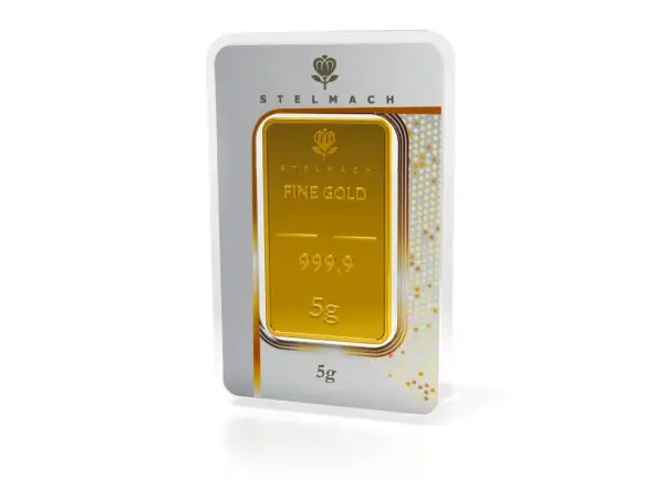 Złota sztabka 5g "FINE GOLD" w opakowaniu z certyfikatem.