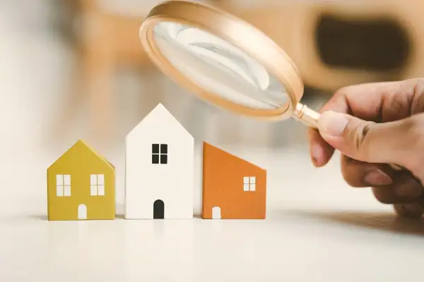 Lente d'ingrandimento esamina tre casette di legno, evidenziando la differenza tra cessione e subentro nel mercato immobiliare.