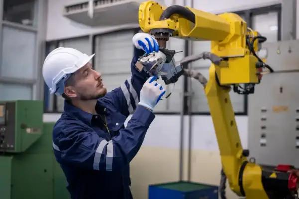 Inżynier w białym kasku i granatowym kombinezonie dokonuje precyzyjnych regulacji przy żółtym ramieniu robota. To kluczowy moment w serwisie automatyki, zapewniający płynne działanie linii produkcyjnej.