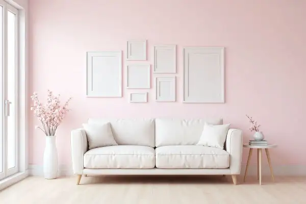 Jasna sofa w kolorze śmietankowym i białym, otoczona pastelową różową ścianą, z pustymi ramkami i kwitnącymi gałązkami.