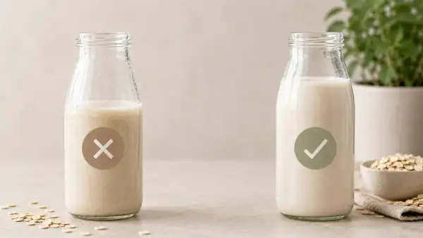 Zwei Flaschen mit Hafermilch: links eine mit X, rechts eine mit Häkchen. So gelingt hafermilch selber machen perfekt!