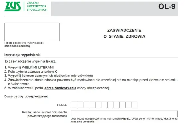 Formularz ZUS OL-9. Zaświadczenie o stanie zdrowia, które powinno być wystawione nie wcześniej niż na miesiąc przed złożeniem wniosku o przedłużenie renty.