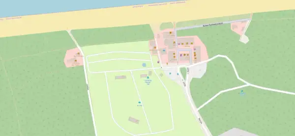 Mapa terenu z zaznaczonym campingiem numer 180 w gminie Stegna. W pobliżu bary i smażalnie.