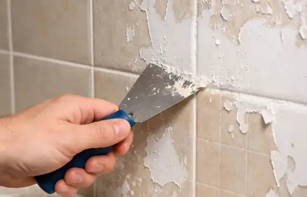 Main tenant enlever peinture sur carrelage avec une spatule. La peinture s'écaille sur les carreaux beiges.