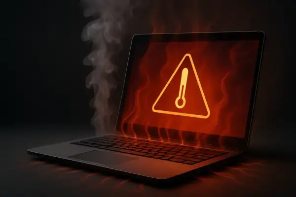 Laptop z dymem i ikoną termometru na ekranie, symbolizujący przegrzewanie.