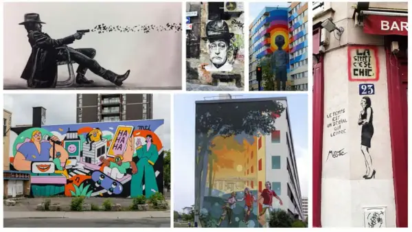 Collage de street art à Lille : un homme tirant des oiseaux, un portrait, un enfant devant un arc-en-ciel, une fresque colorée et une femme stylisée.
